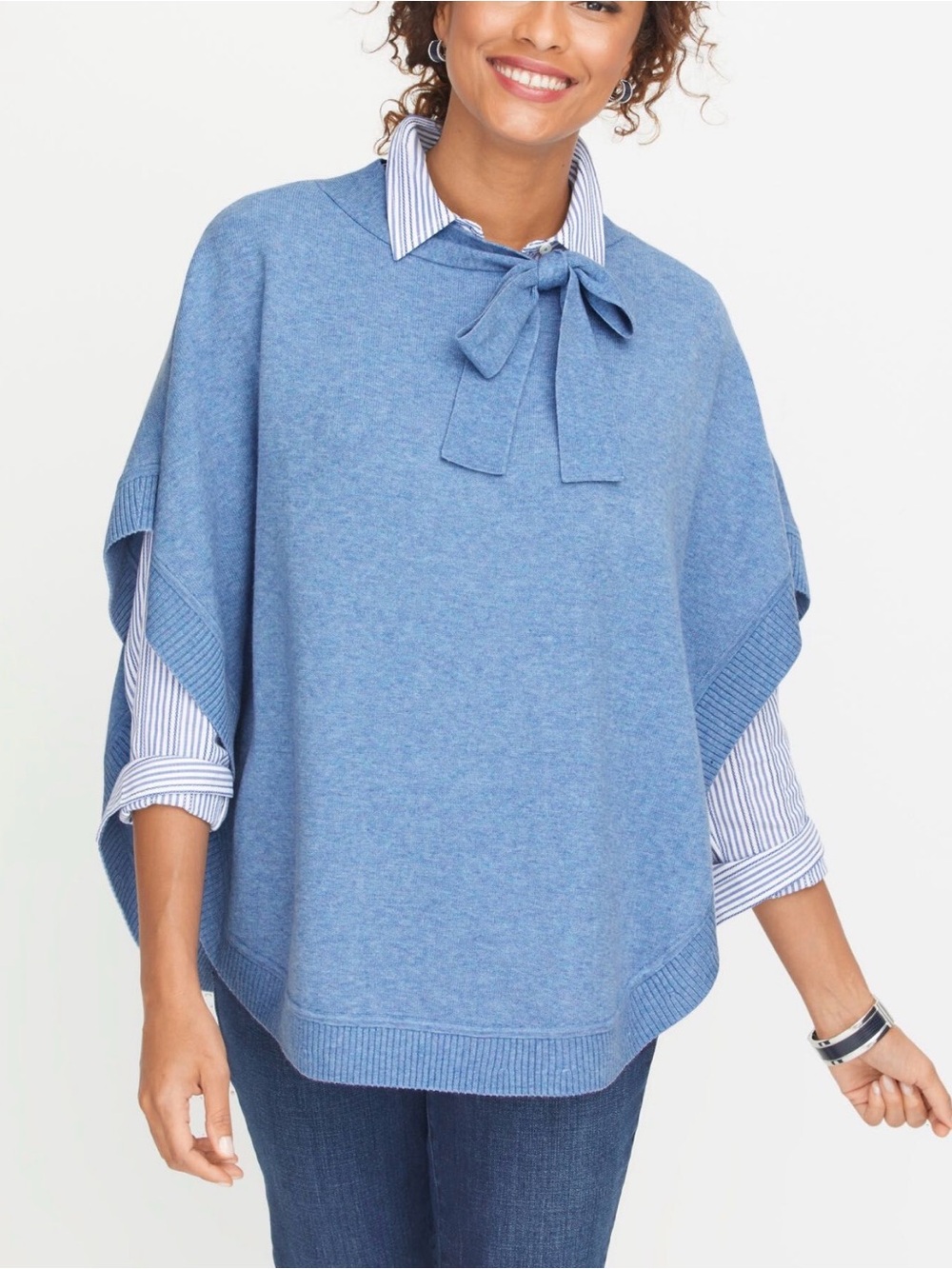 Talbots Cape Poncho Sweater Tie Neck Bow Medium Blue‎ Knit Travel Soft Coastal